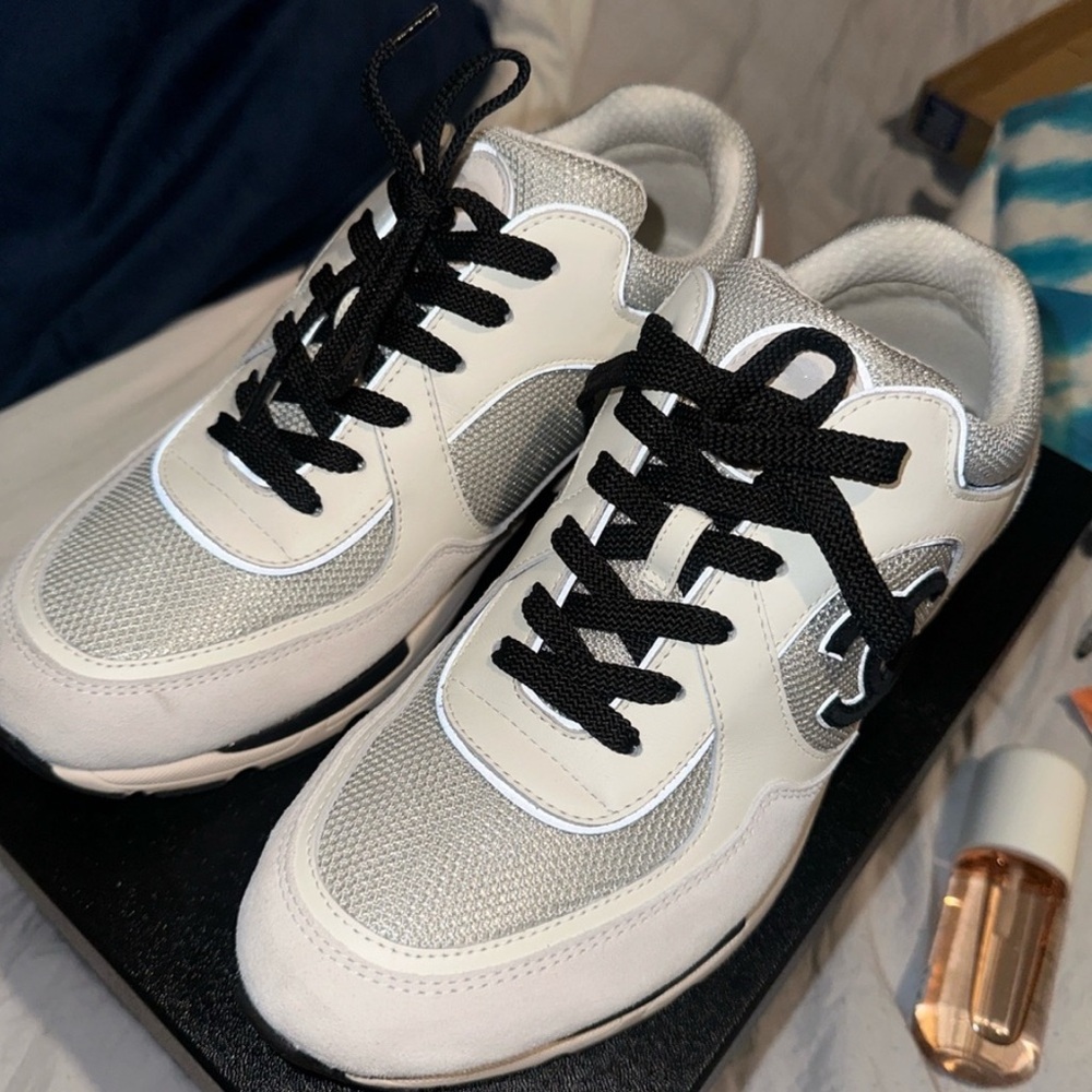 CHANEL White, Gray, and Black Sneakers